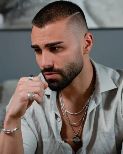 Buzz cut with line up and beard