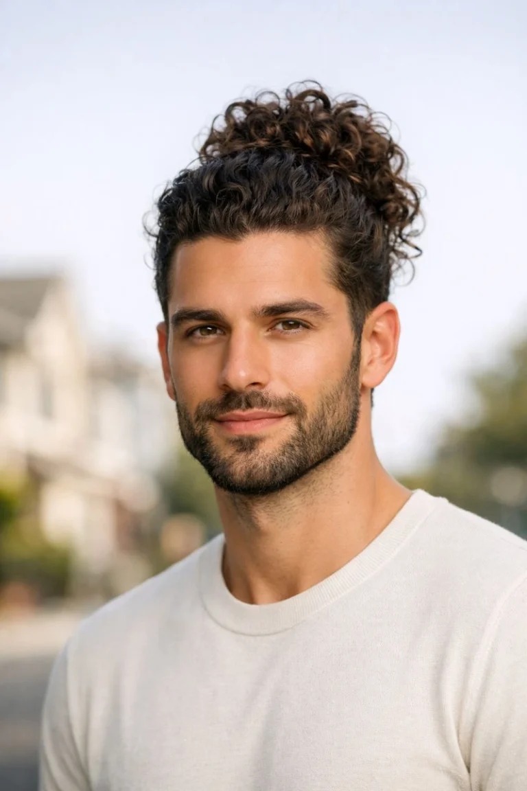 Curly-Bun-with-Defined-Beard