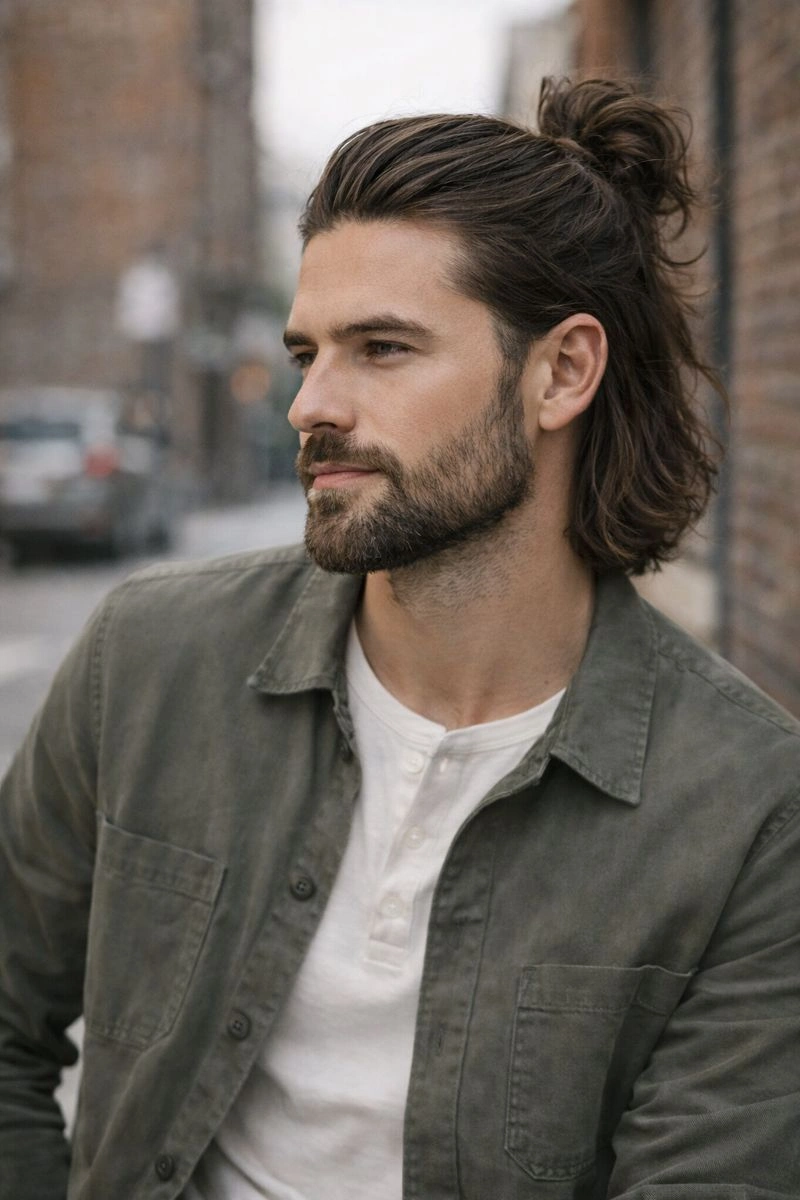Half Up Bun with Tapered Beard