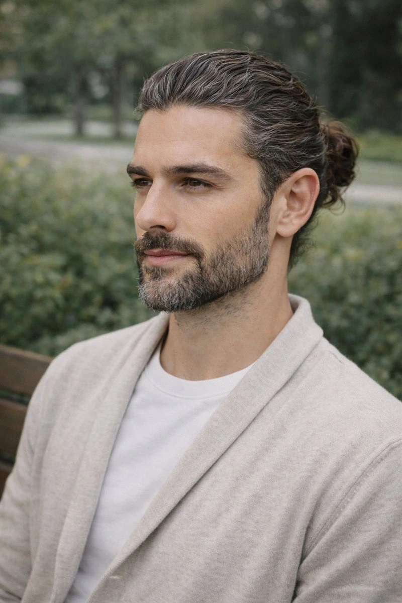 Low Bun with Salt and Pepper Beard