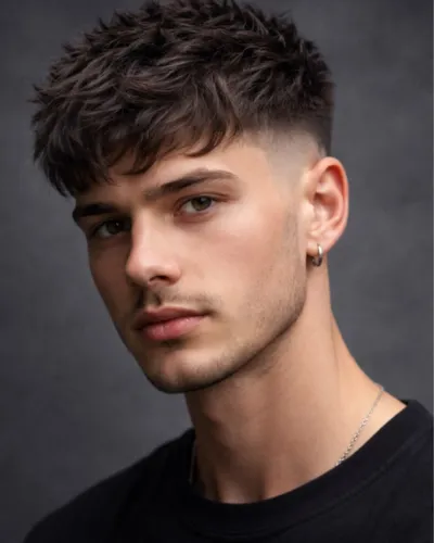 Best hairstyle for men with a round face featuring a high skin fade and textured pompadour
