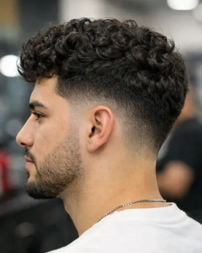 Top trending best hairstyle for men in India with thick curly hair and a low taper fade