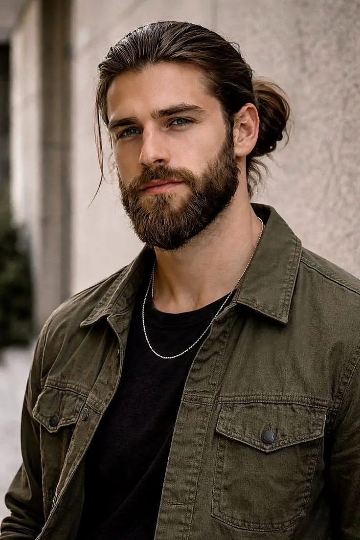 Long Hairstyles 62 half up man bun with beard for men