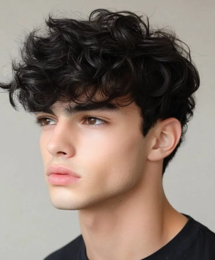 long curly hairstyle for men black shirt