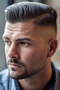 low fade complemented by a side parted pompadour hairstyle
