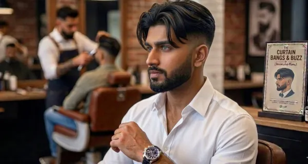 low taper fade curtain bangs hairstyle indian men 2026