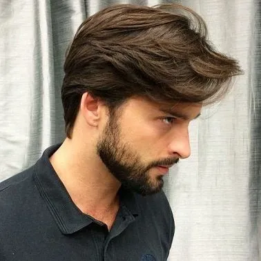 medium length straight pushed back hair for men
