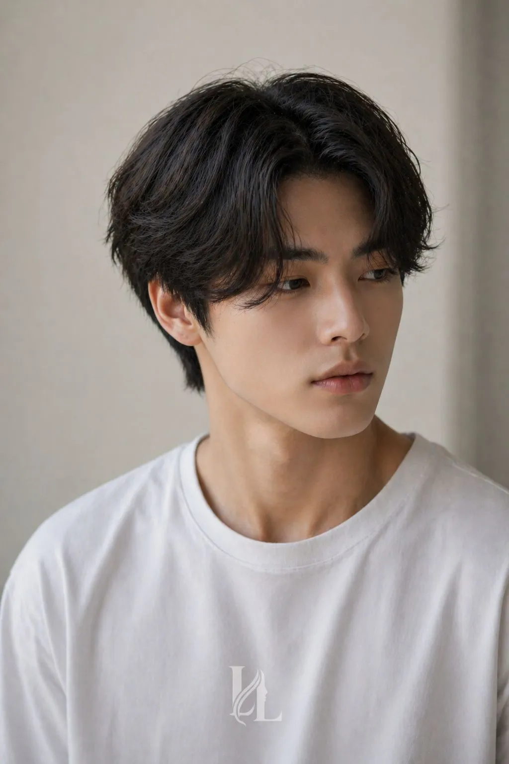 medium straight center part hairstyle for men