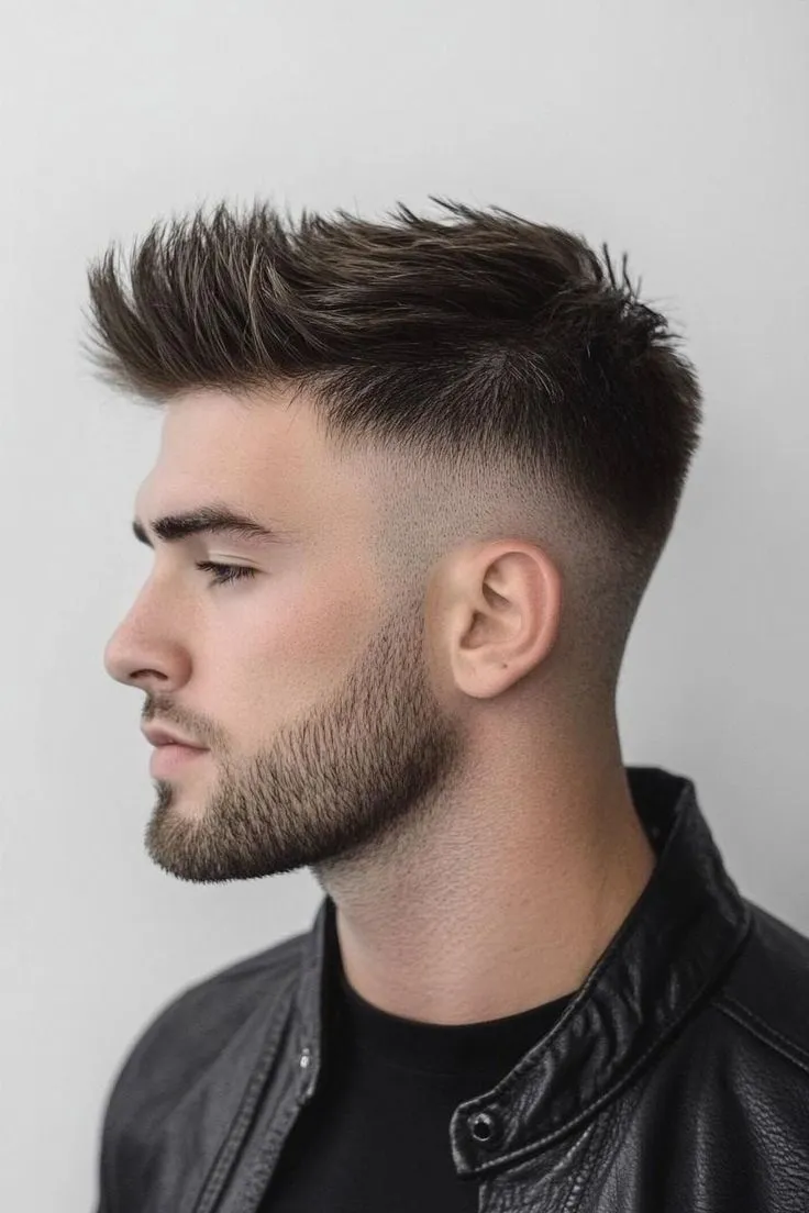 spiky textured top drop fade hairstyle men round face