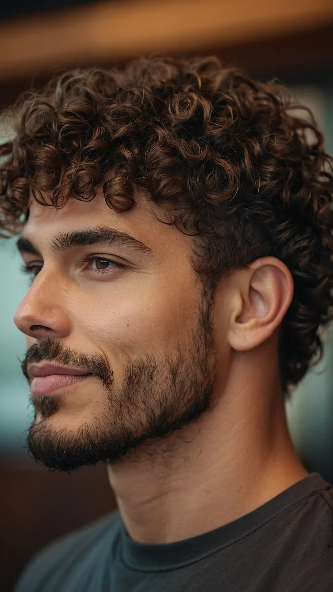 messy curly hair with beard and suit for men