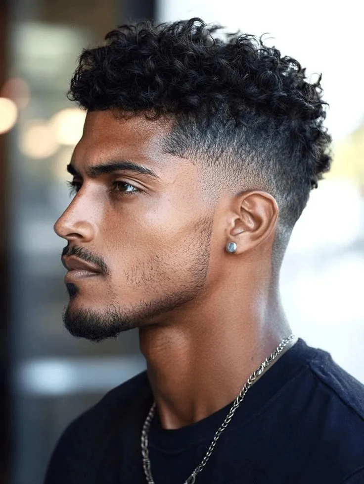 messy curly hair for men grey shirt