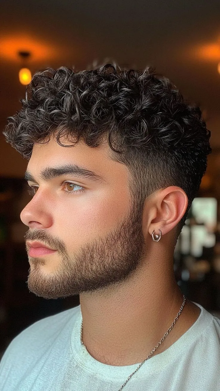 messy curly hair profile for men