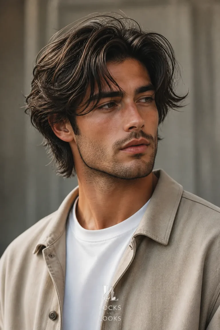 Messy middle part layered for men