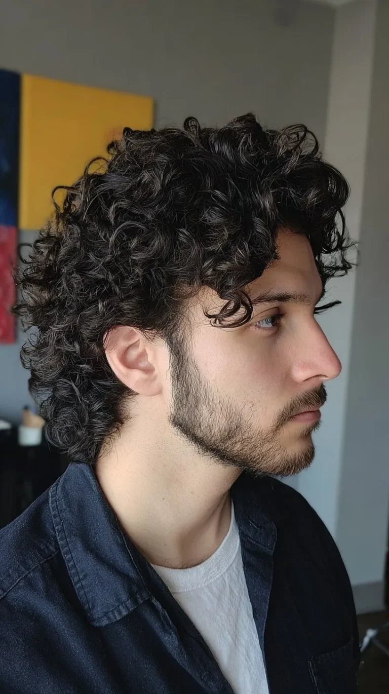 Short curly hair fade black shirt for men