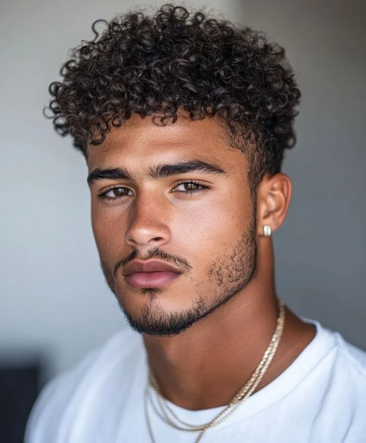 short curly hairstyle for men grey shirt