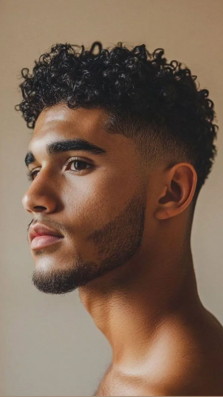 short messy curly hair with fade for men