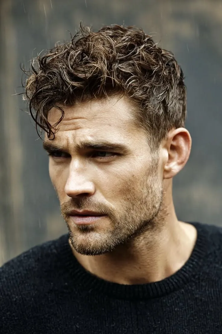 short wavy curly top with fade for men
