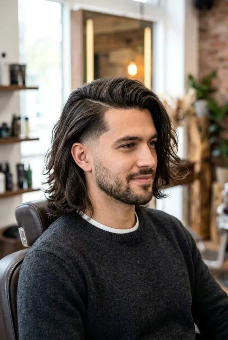 Straight long hair side part fade for men