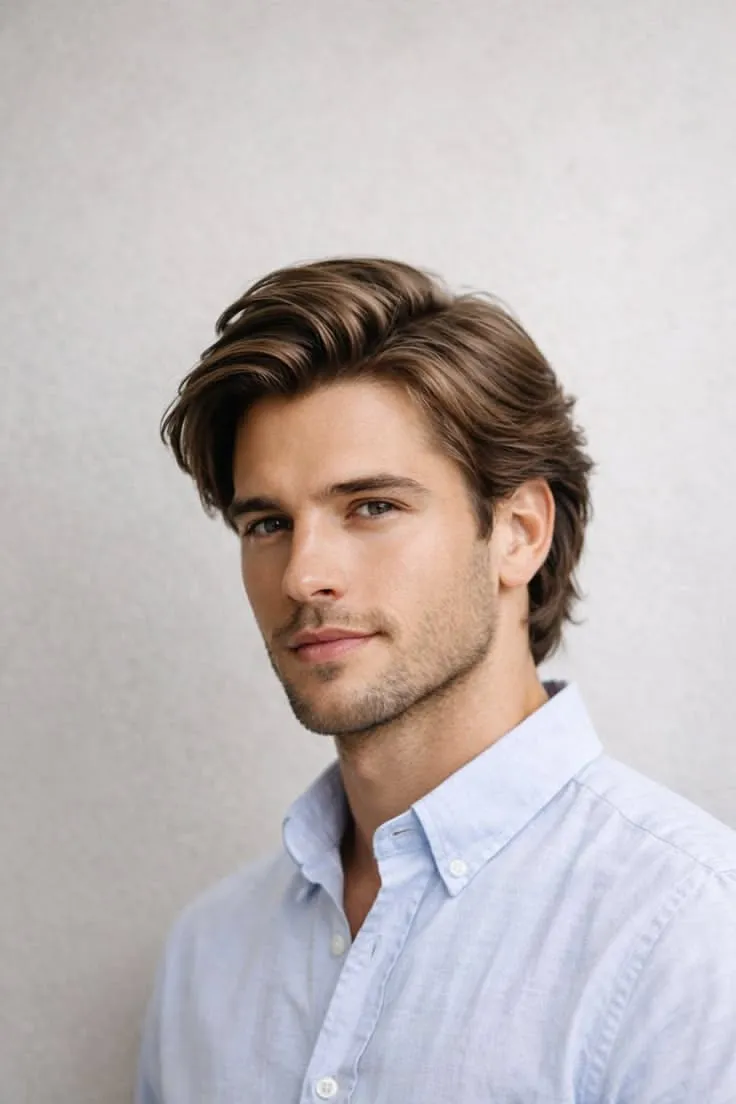 Long Hairstyles 25 swept back wavy long hairstyle for men light blue shirt