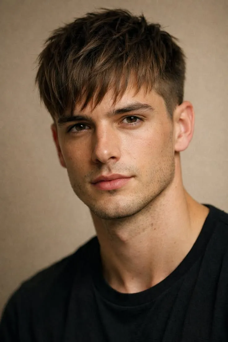 textured straight fringe hairstyle for men