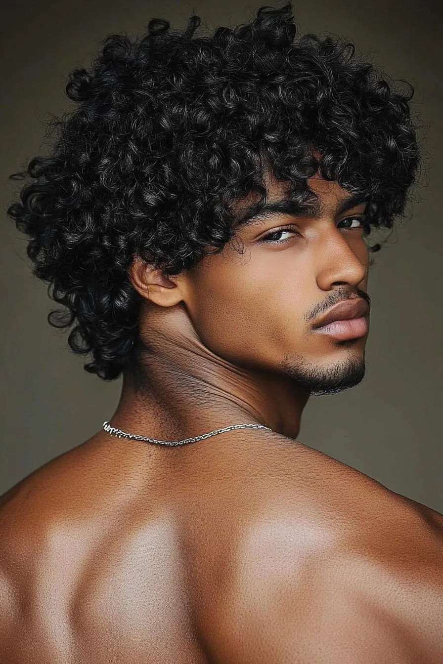 very curly messy hair with fade for men